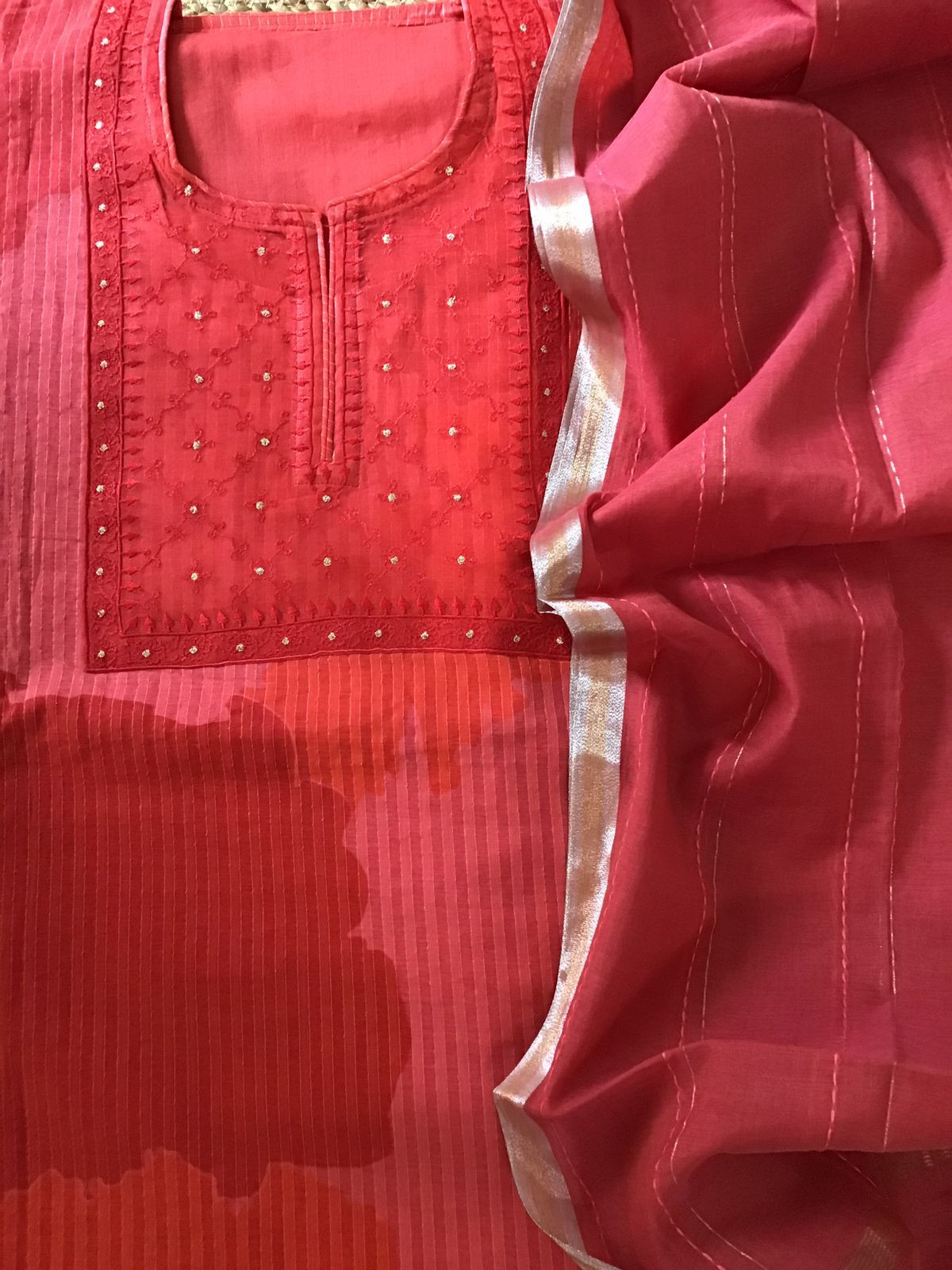 Pure Maheshwari Cotton Self Weaved Printed Embroidered Suit - Red