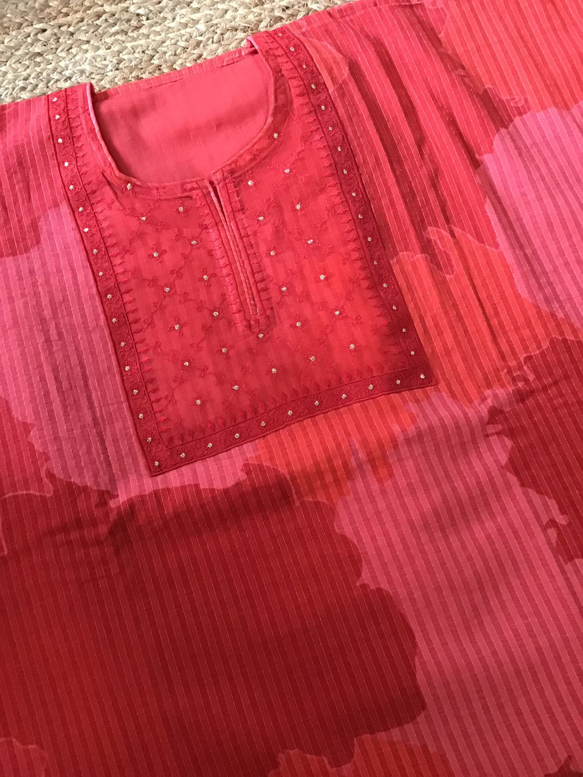 Pure Maheshwari Cotton Self Weaved Printed Embroidered Suit - Red