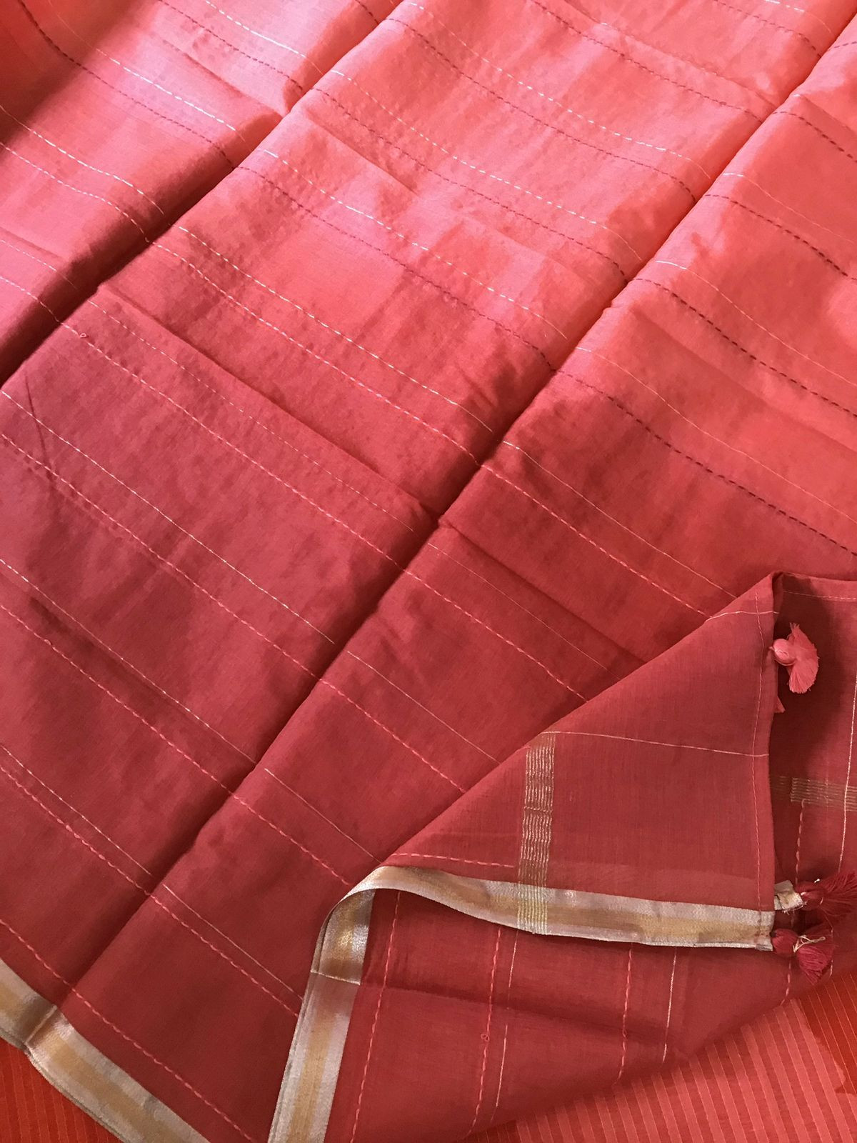 Pure Maheshwari Cotton Self Weaved Printed Embroidered Suit - Red