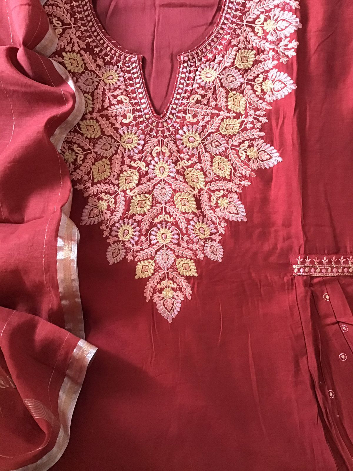 Pure Mul Chanderi Embroidered Suit - Maroon