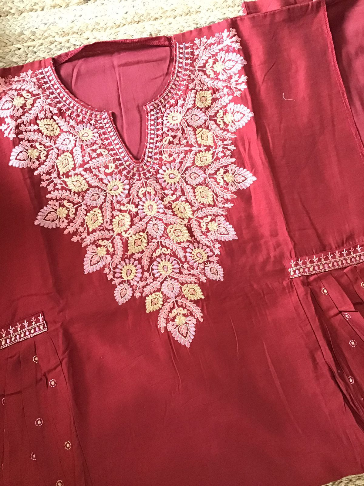 Pure Mul Chanderi Embroidered Suit - Maroon