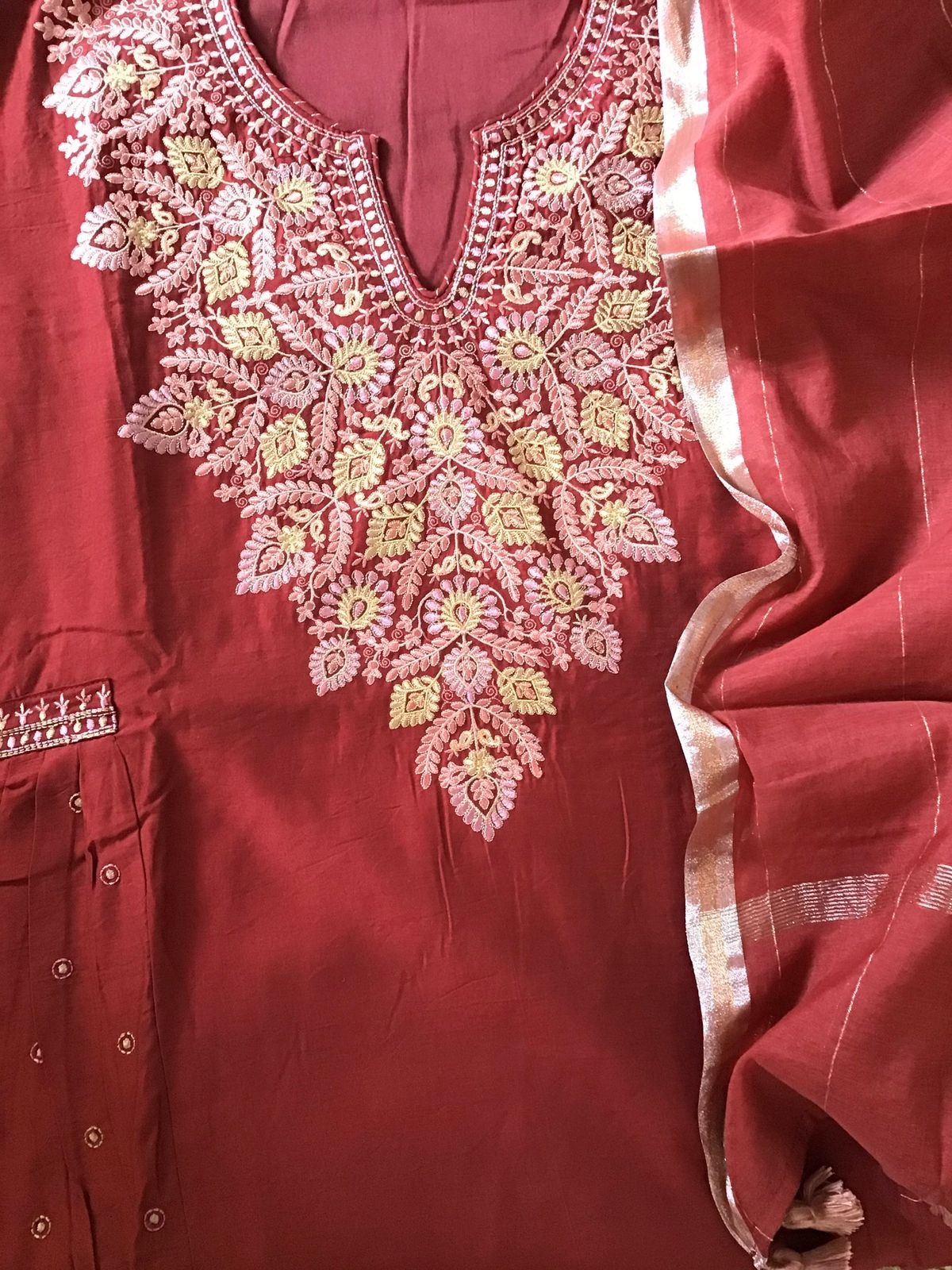 Pure Mul Chanderi Embroidered Suit - Maroon
