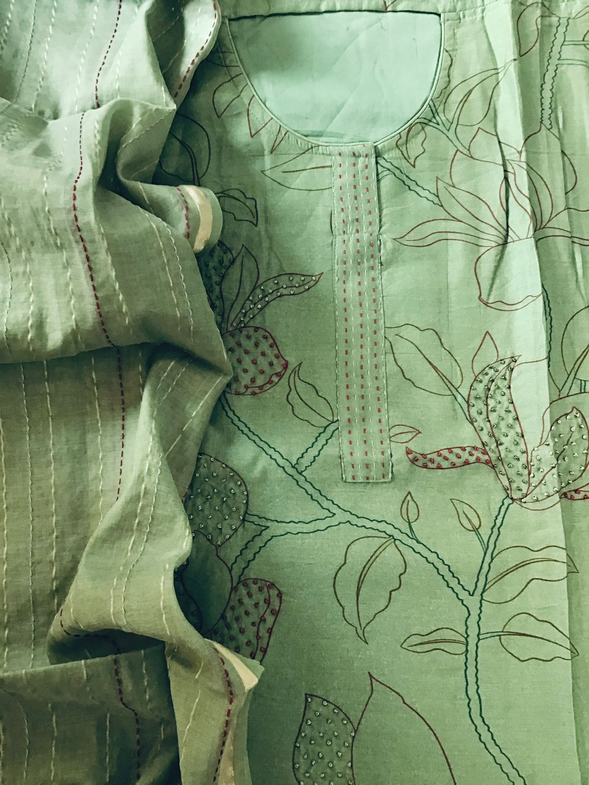 Pure Mul Chanderi Embroidered Suit - Green