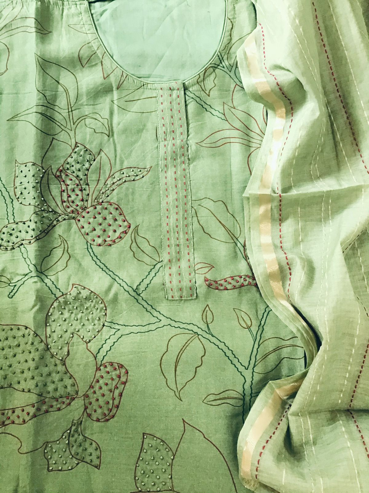 Pure Mul Chanderi Embroidered Suit - Green