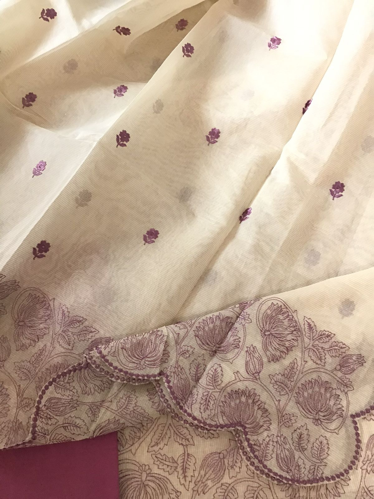 Pure Maheshwari Embroidered Suit - Off White