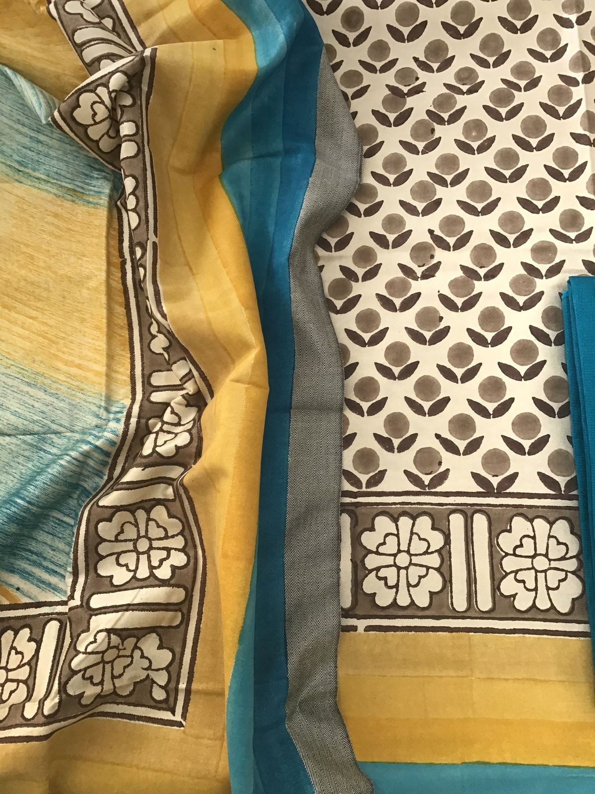 Soft Woollen Spun Silk Printed Suit - Cream