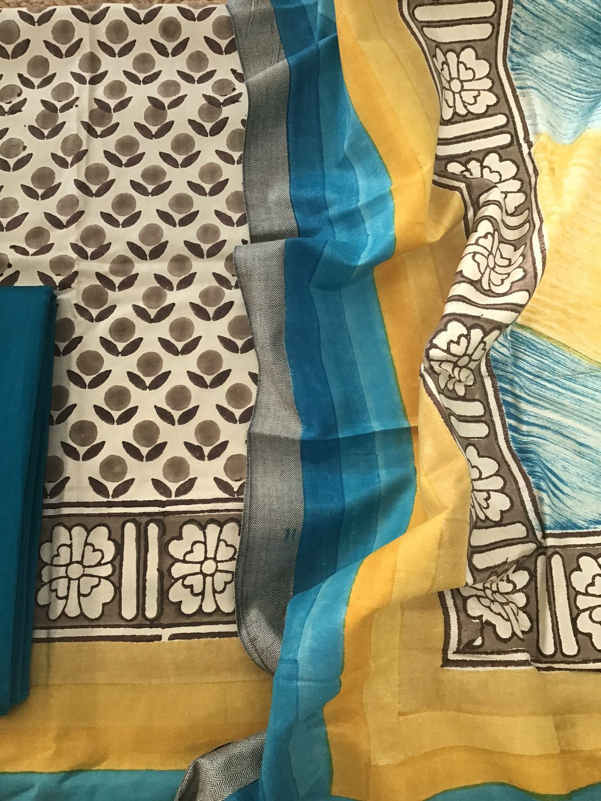 Soft Woollen Spun Silk Printed Suit - Cream