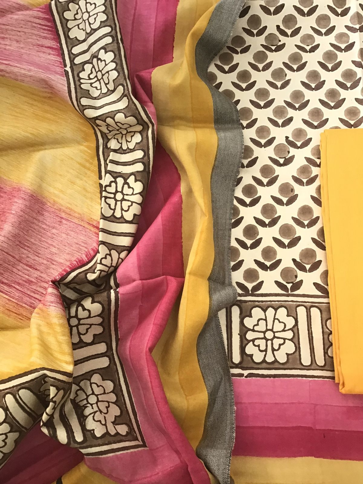 Soft Woollen Spun Silk Printed Suit - Cream