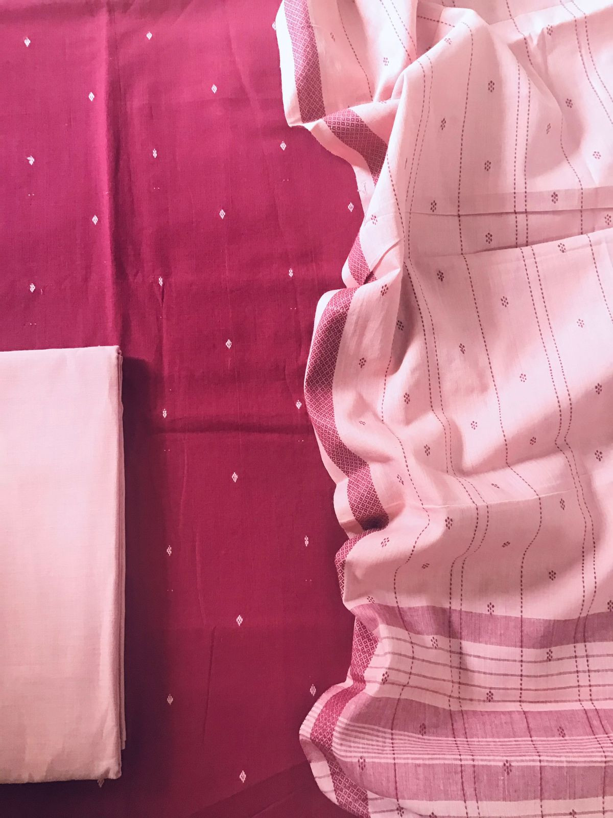 Pure Handloom Cotton Self Weaved Suit - Maroon