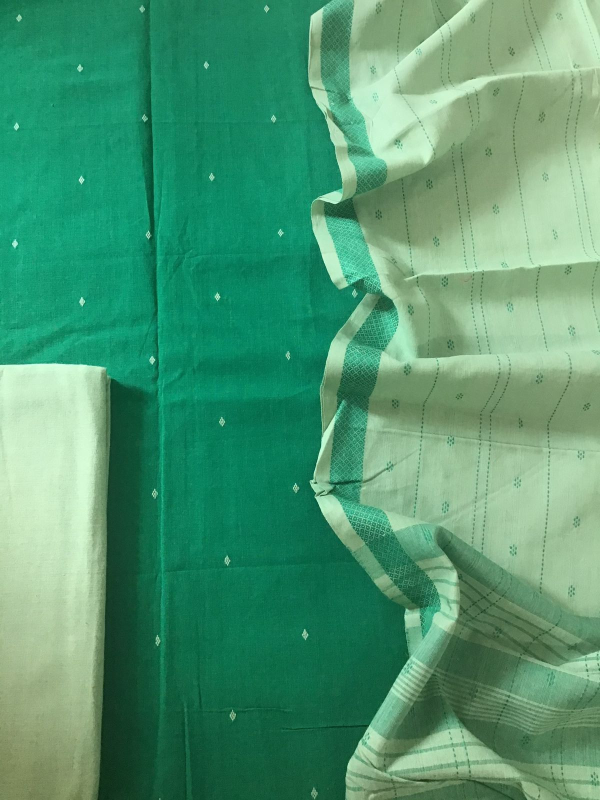 Pure Handloom Cotton Self Weaved Suit - Green
