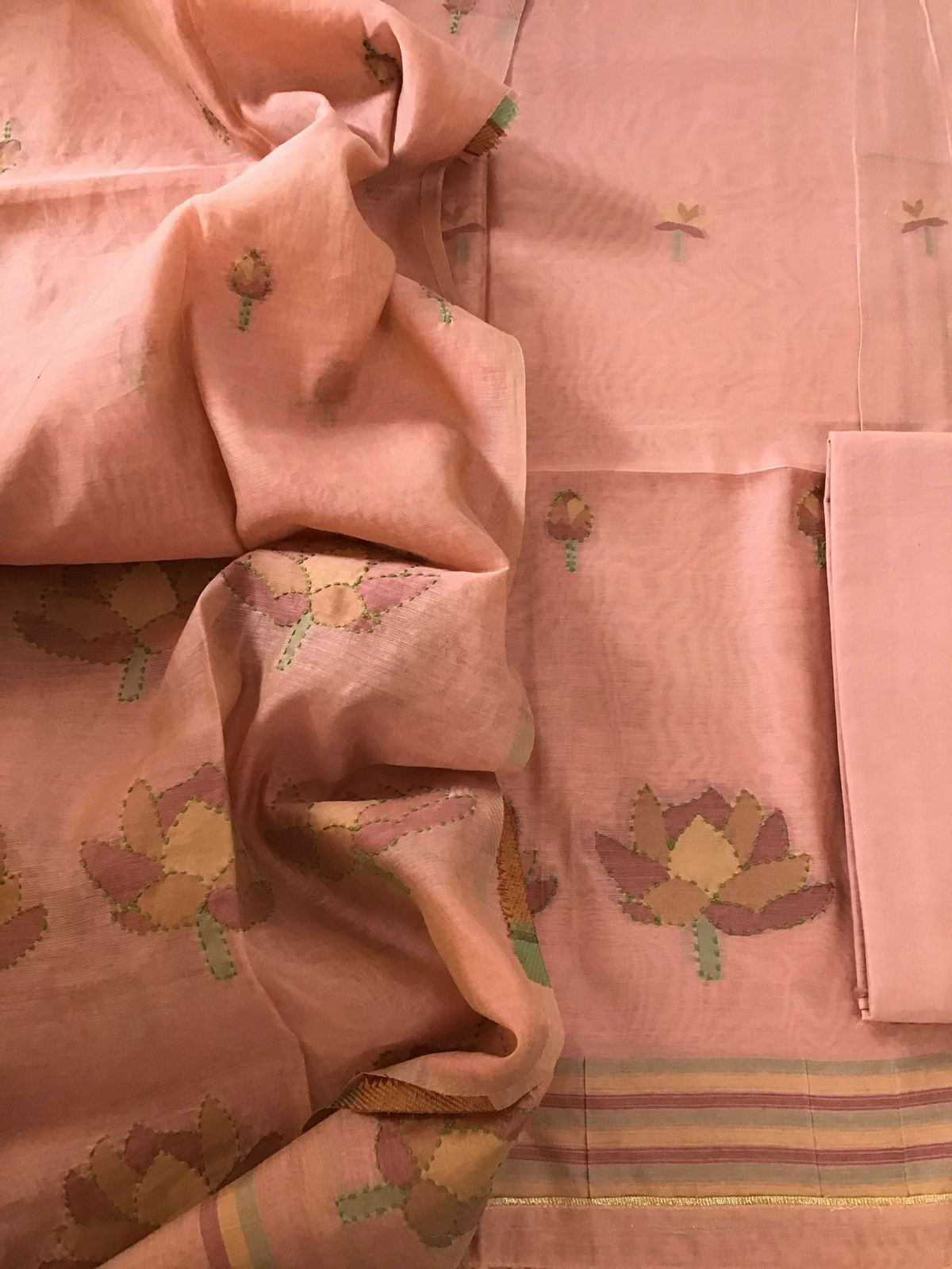 Soft Slub Chanderi Jamdani Weaved Embroidered Suit - Peach