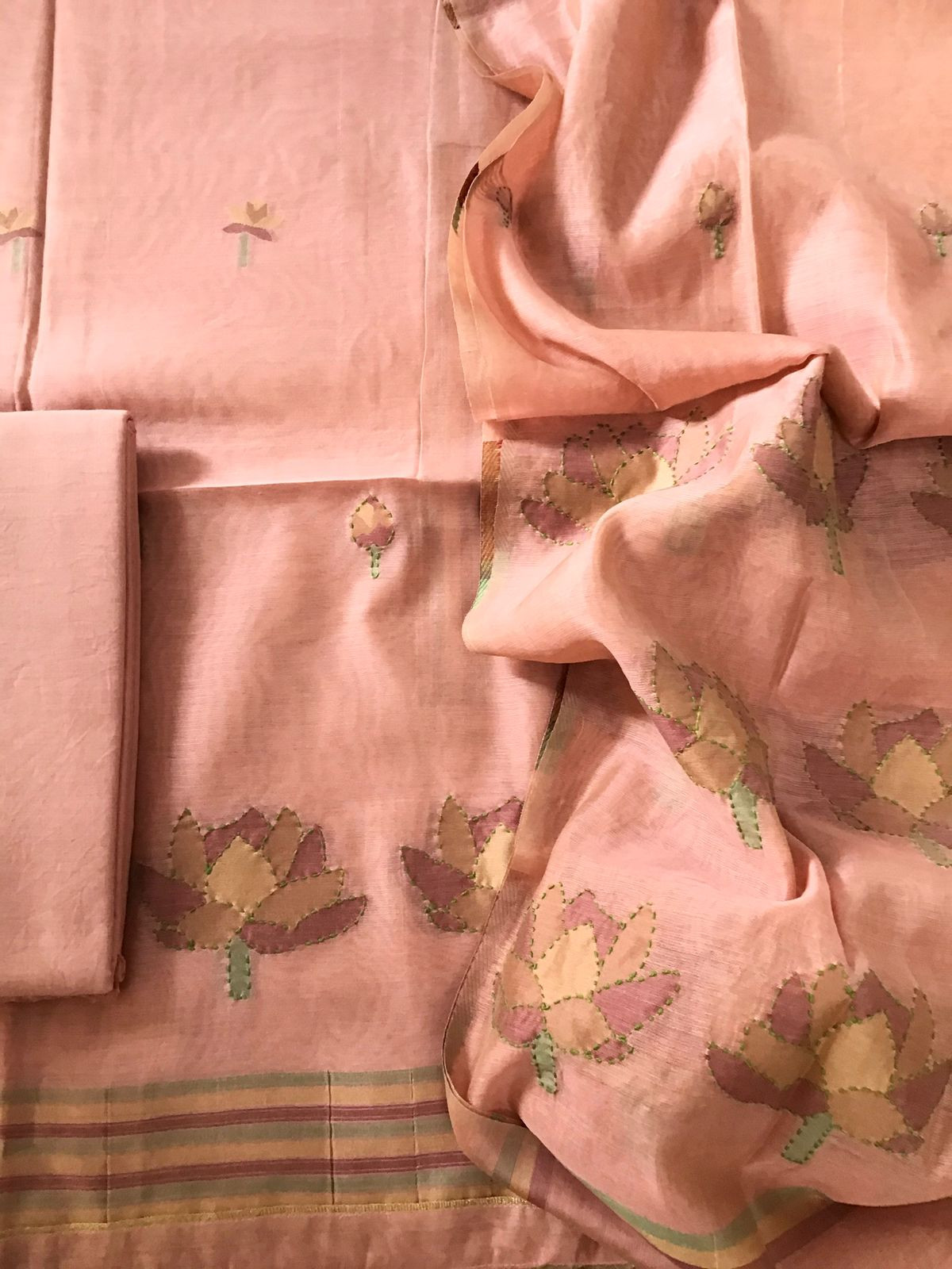 Soft Slub Chanderi Jamdani Weaved Embroidered Suit - Peach