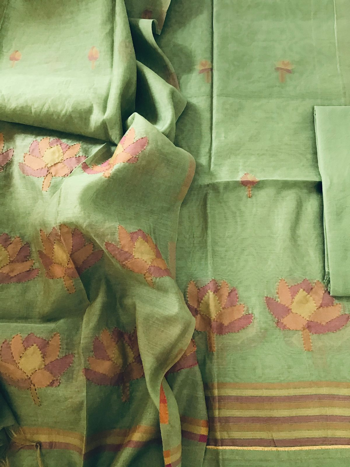 Soft Slub Chanderi Jamdani Weaved Embroidered Suit - Green