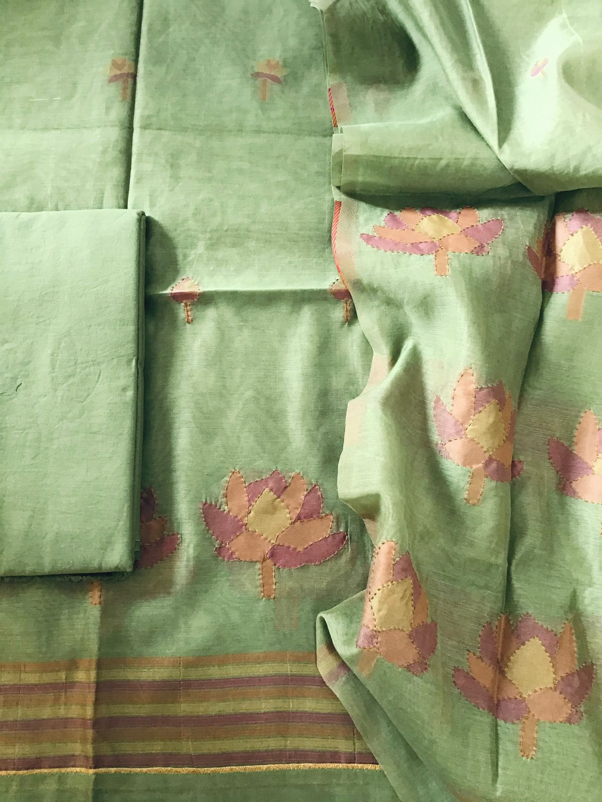 Soft Slub Chanderi Jamdani Weaved Embroidered Suit - Green