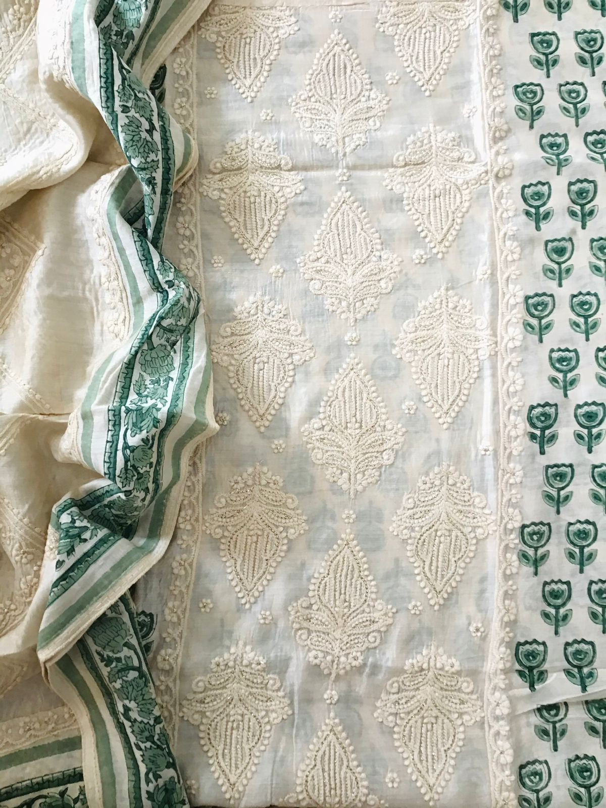 Pure Muslin Printed Embroidered Suit - Offwhite