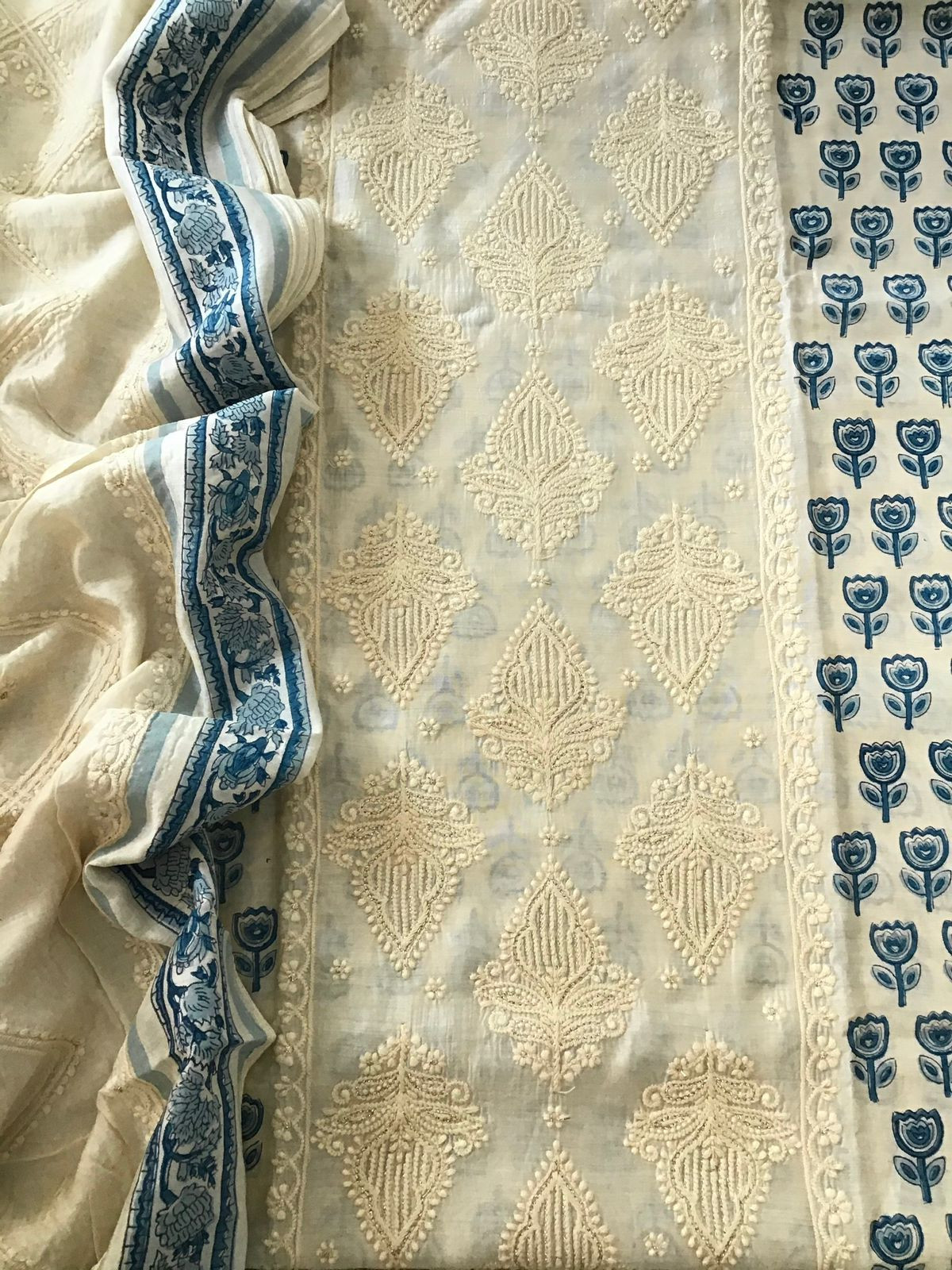 Pure Muslin Printed Embroidered Suit - Offwhite