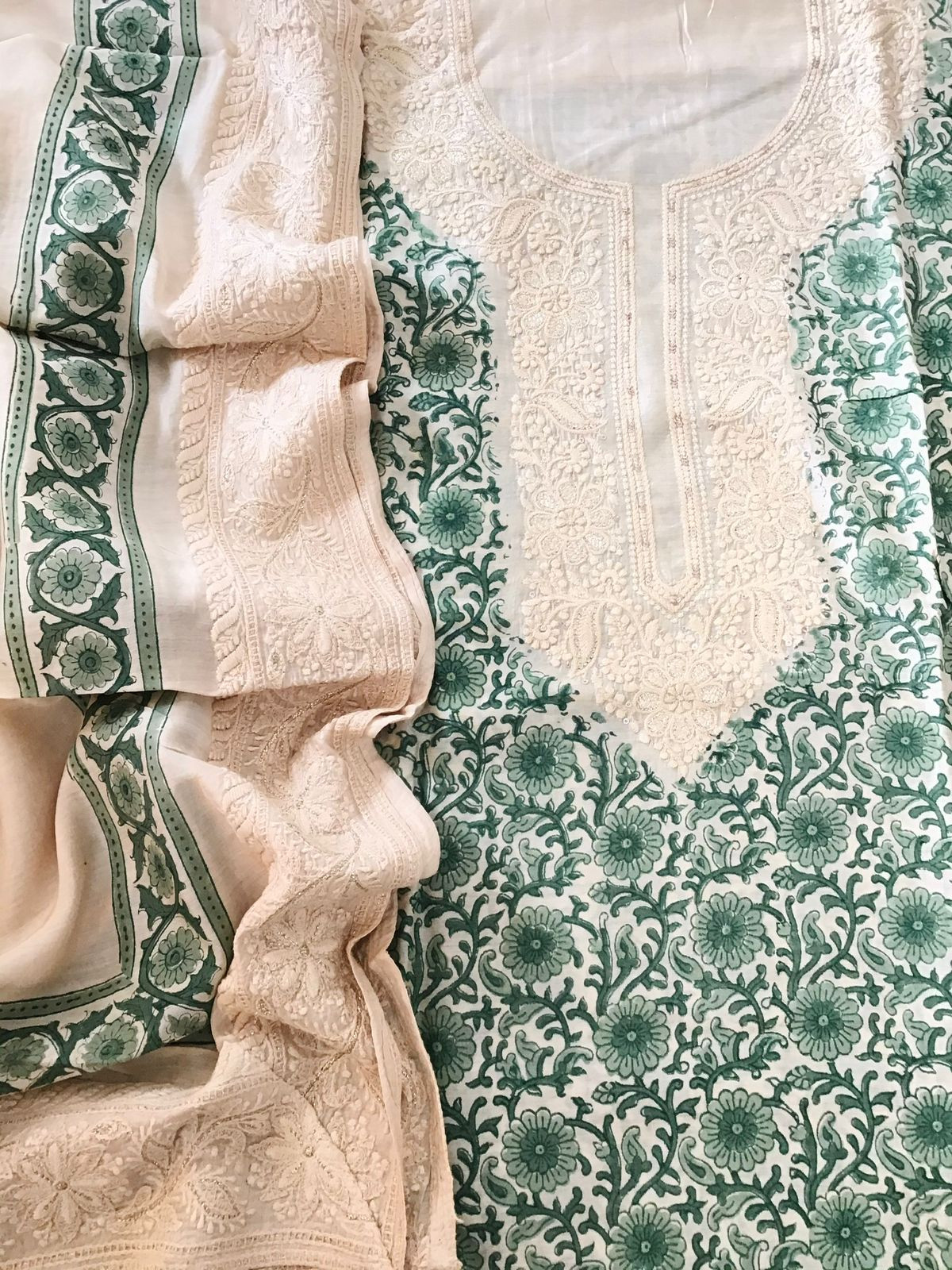 Pure Muslin Printed Embroidered Suit - Offwhite