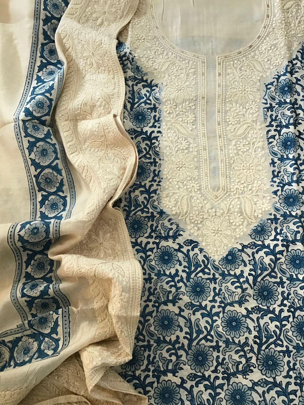 Pure Muslin Printed Embroidered Suit - Offwhite