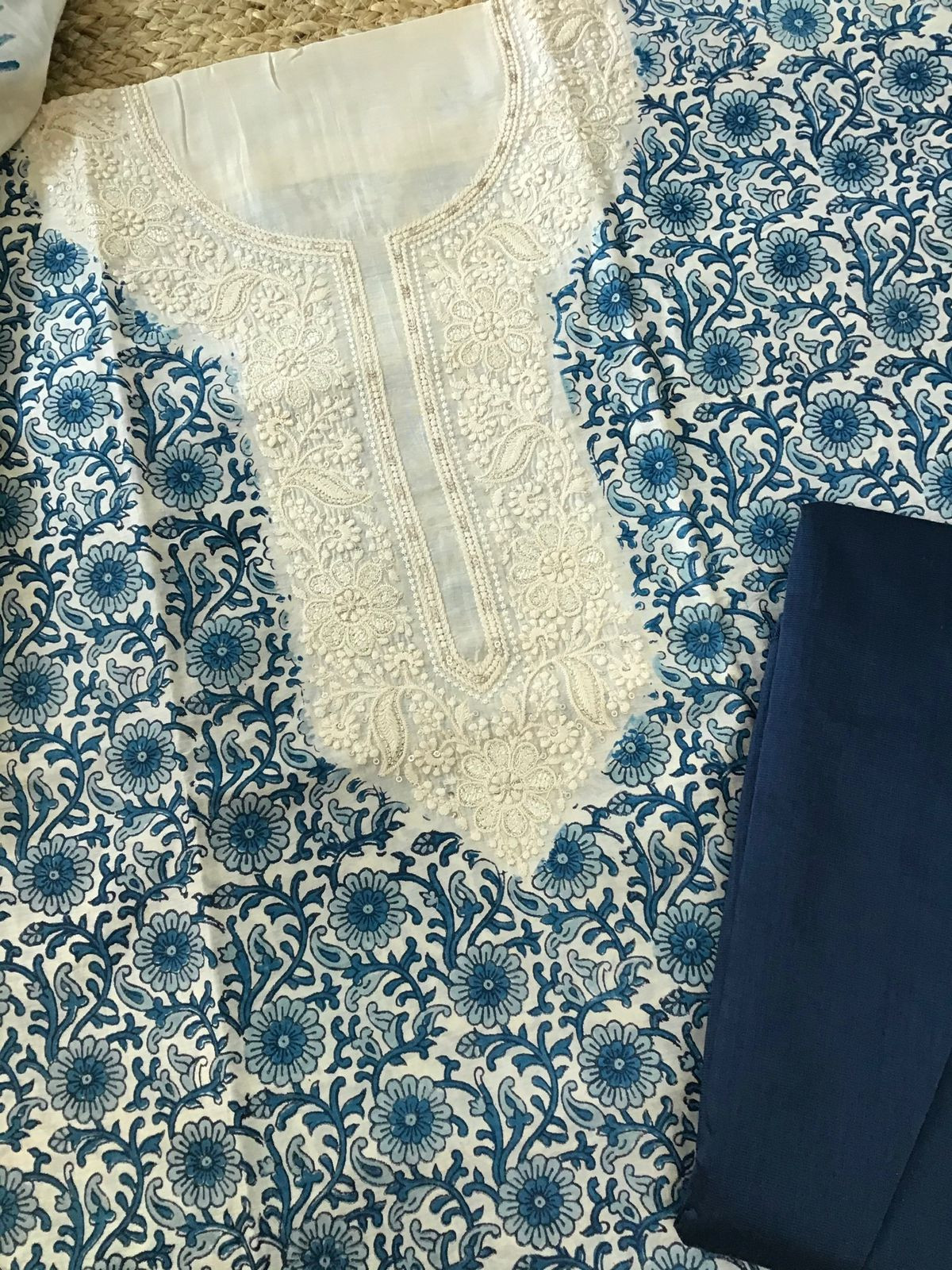 Pure Muslin Printed Embroidered Suit - Offwhite