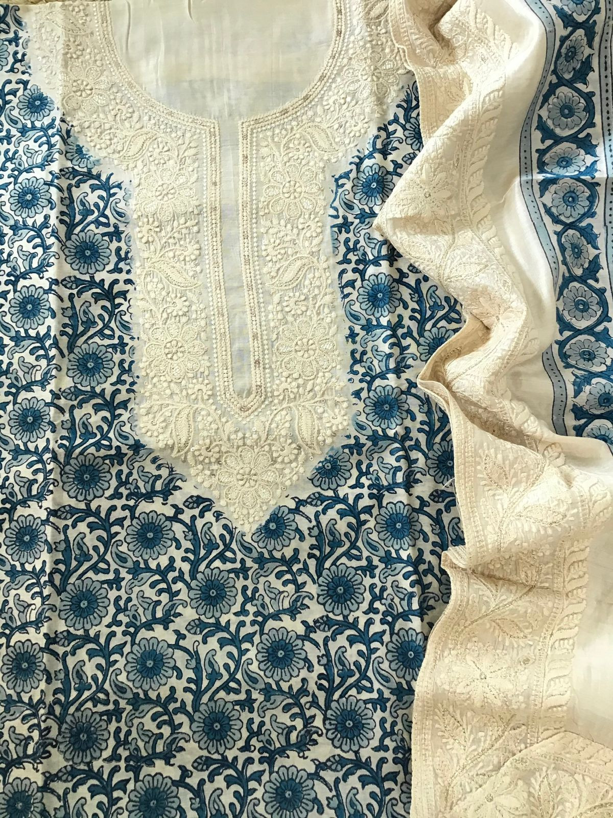 Pure Muslin Printed Embroidered Suit - Offwhite