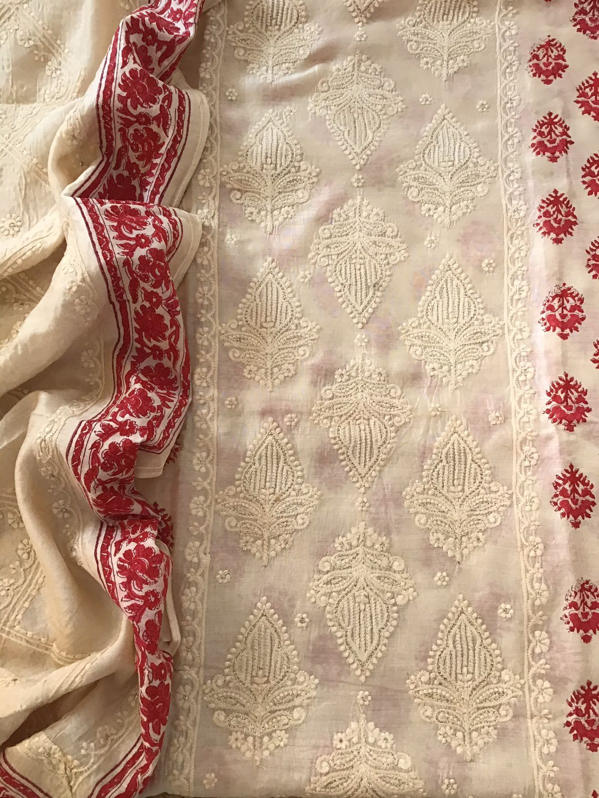 Pure Muslin Printed Embroidered Suit - Offwhite