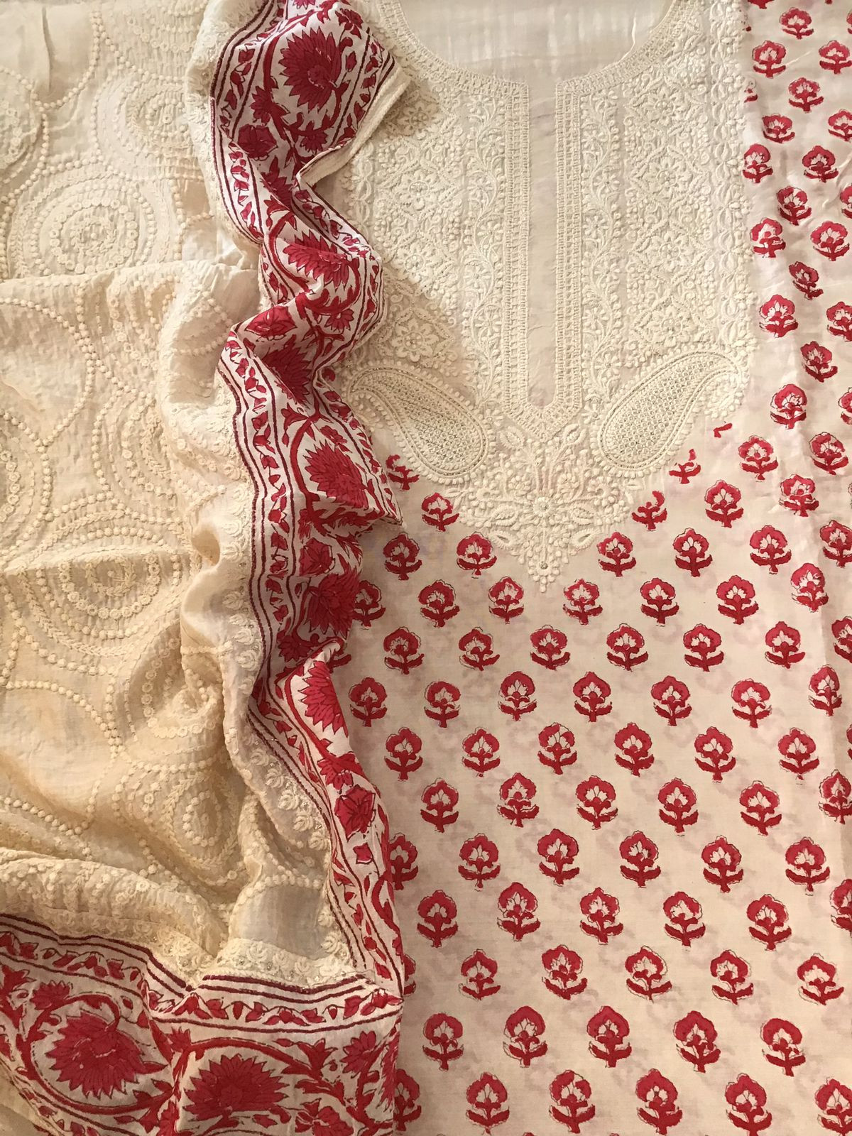 Pure Muslin Printed Embroidered Suit - Offwhite