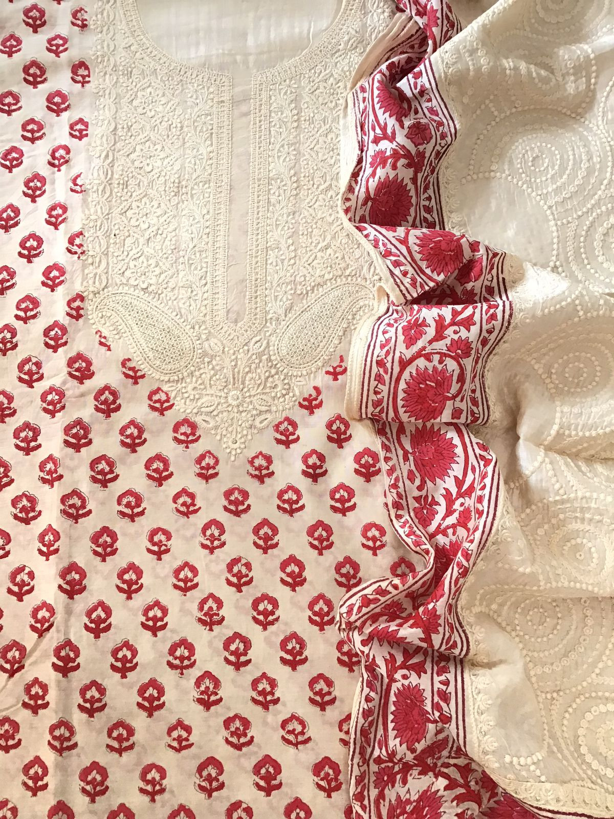 Pure Muslin Printed Embroidered Suit - Offwhite