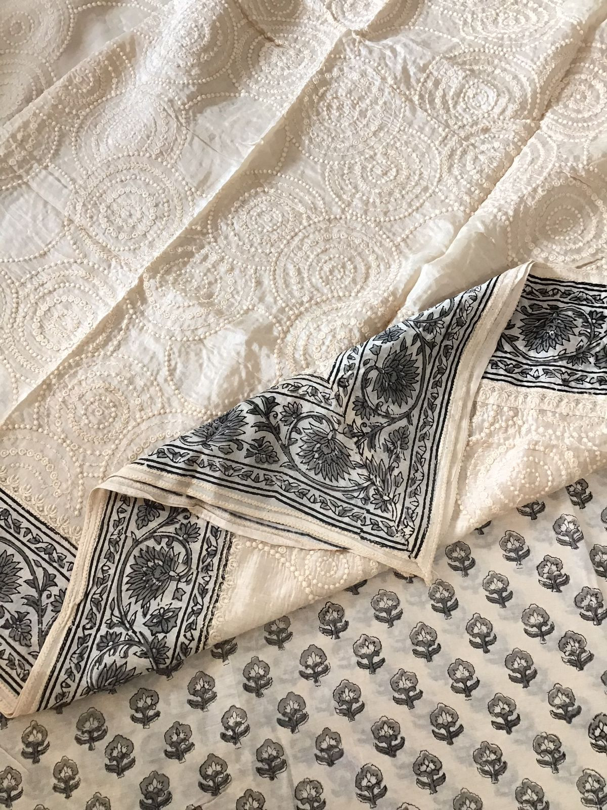 Pure Muslin Printed Embroidered Suit - Offwhite