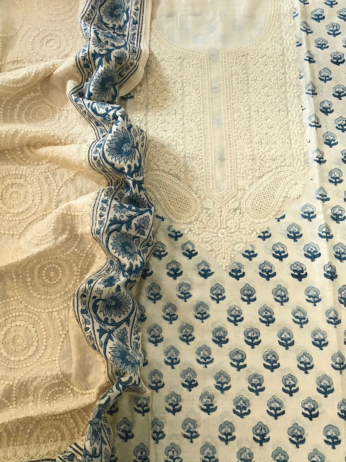 Pure Muslin Printed Embroidered Suit - Offwhite