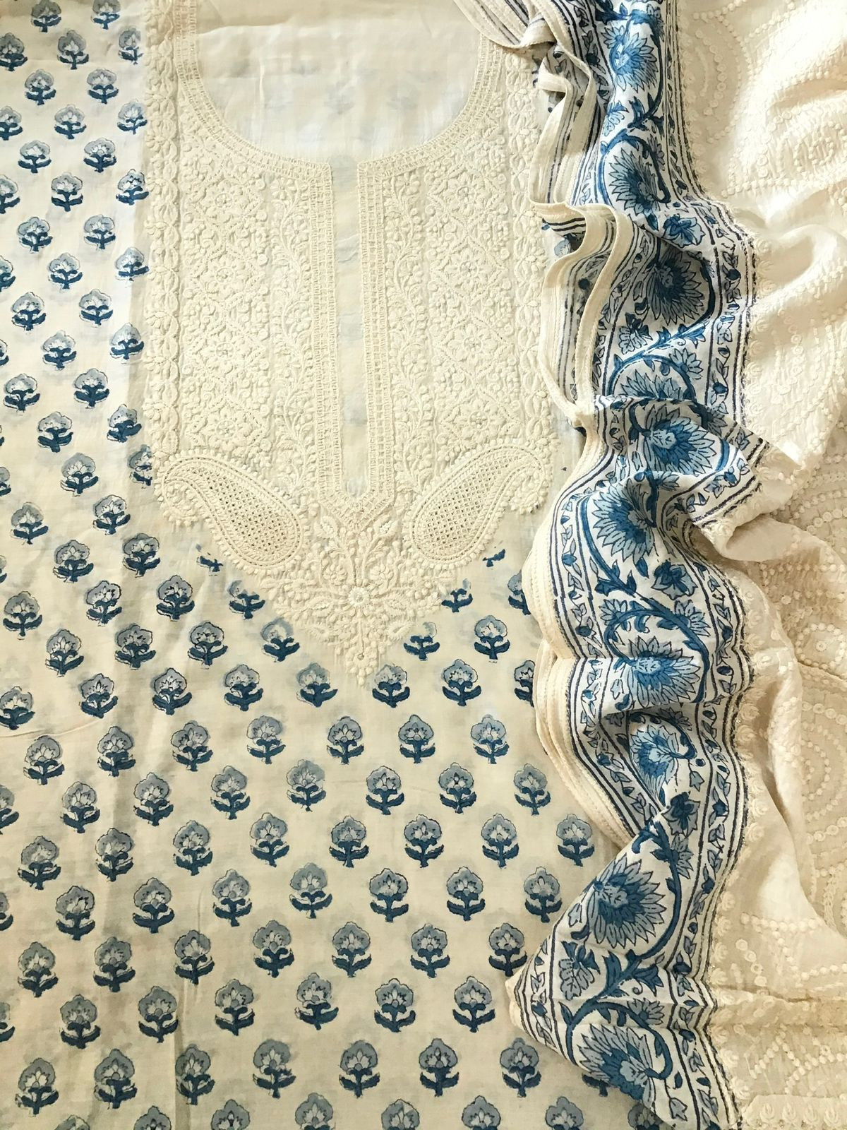 Pure Muslin Printed Embroidered Suit - Offwhite