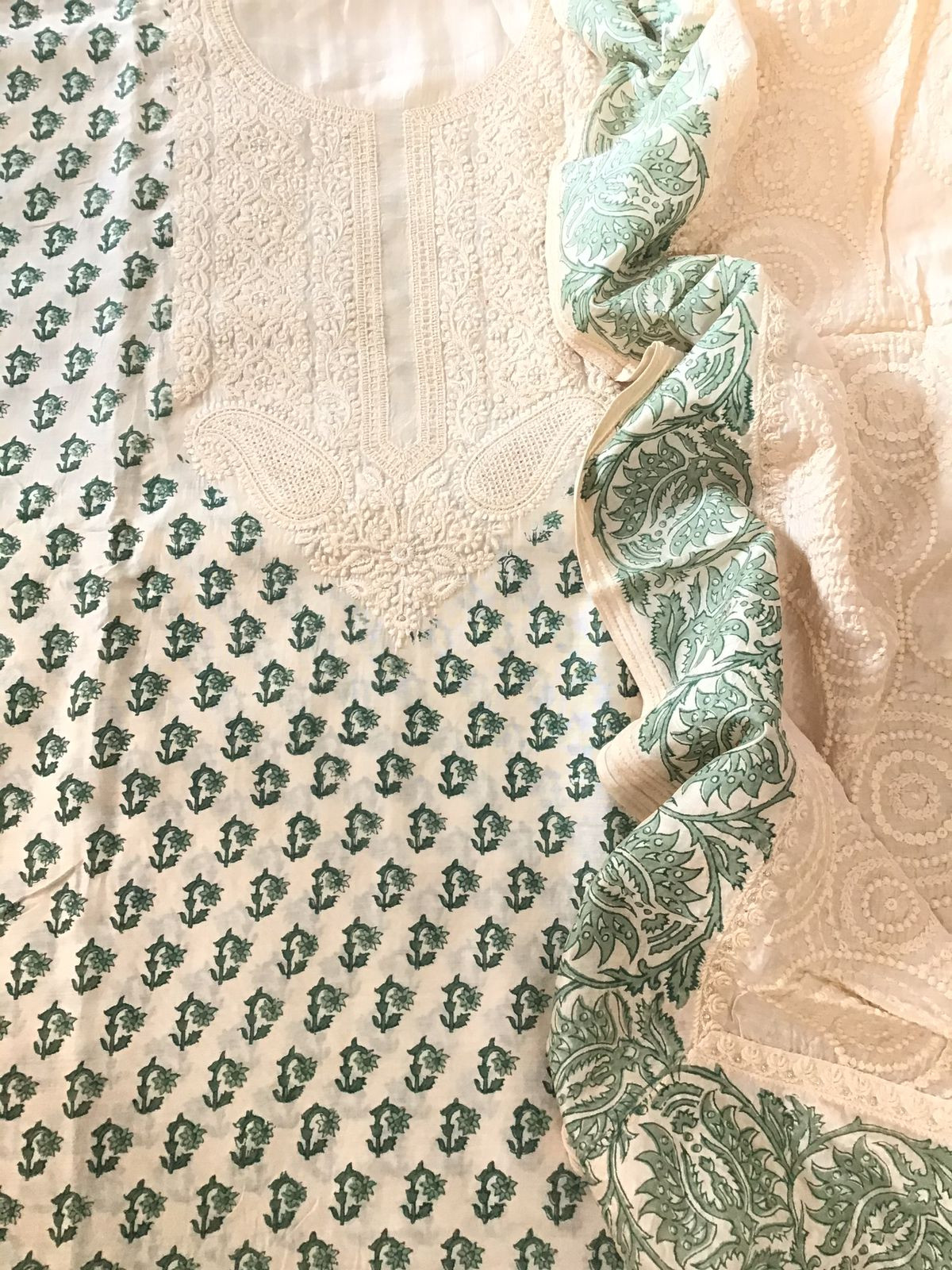 Pure Muslin Printed Embroidered Suit - Offwhite