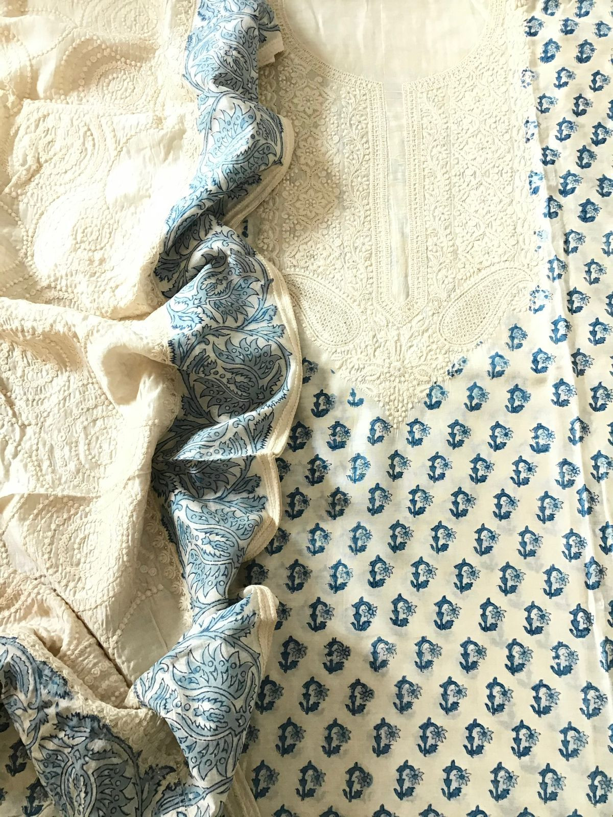 Pure Muslin Printed Embroidered Suit - Offwhite