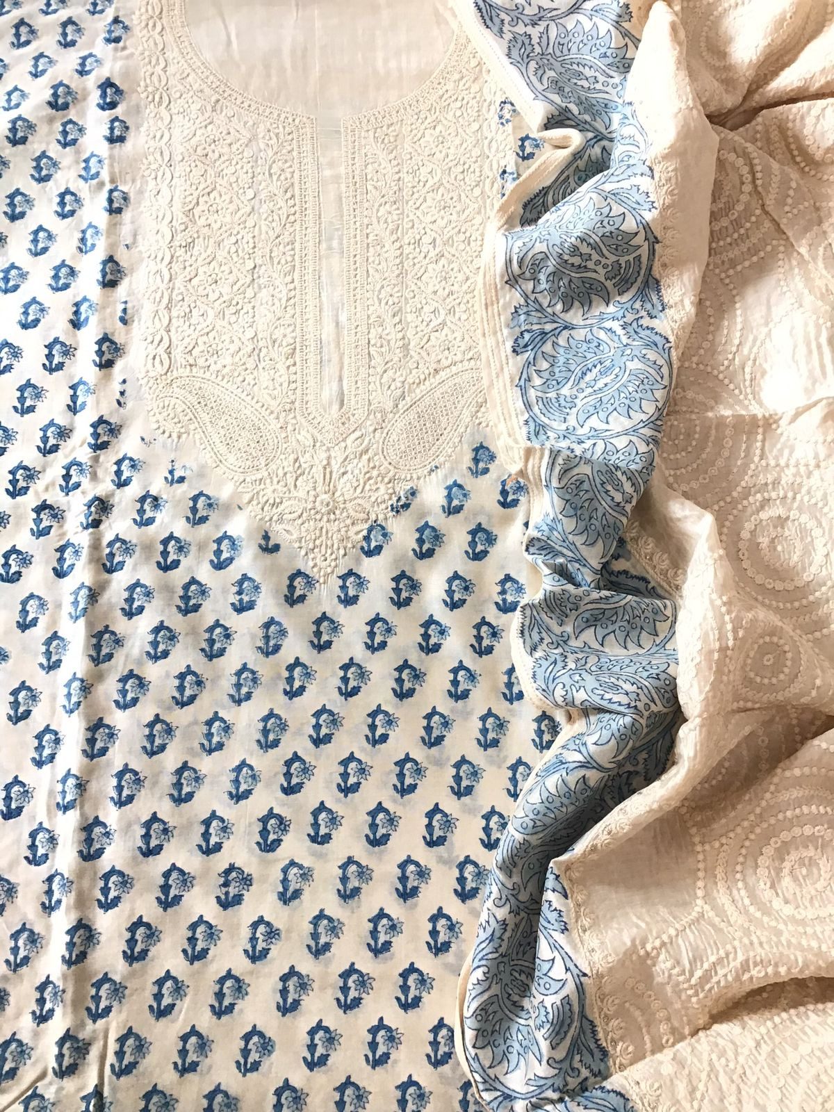 Pure Muslin Printed Embroidered Suit - Offwhite