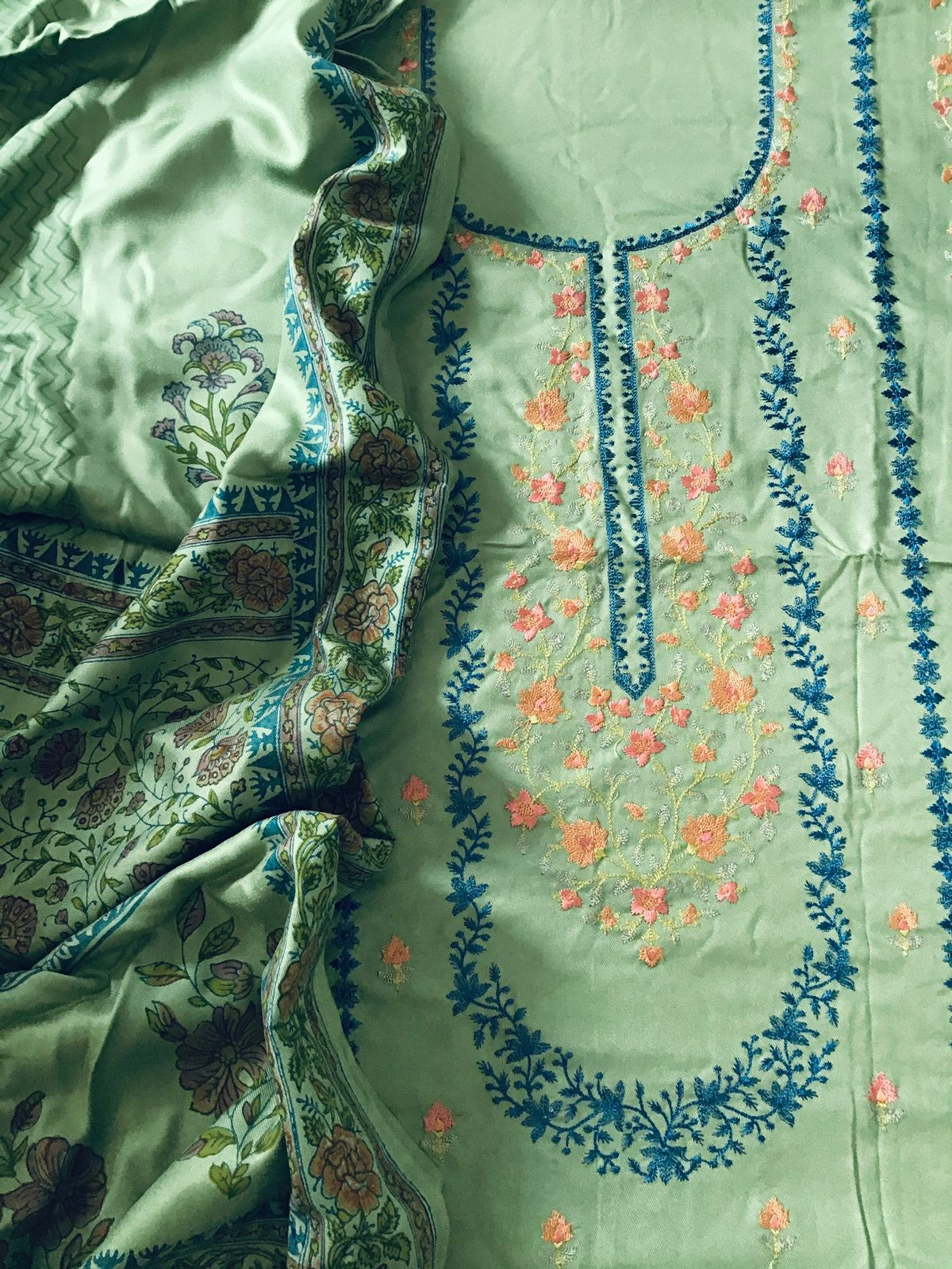 Soft Woollen Spun Silk Embroidered Suit - Green