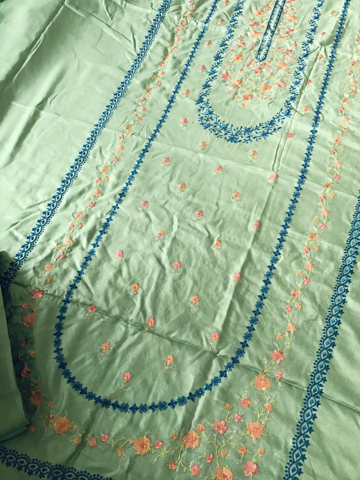 Soft Woollen Spun Silk Embroidered Suit - Green