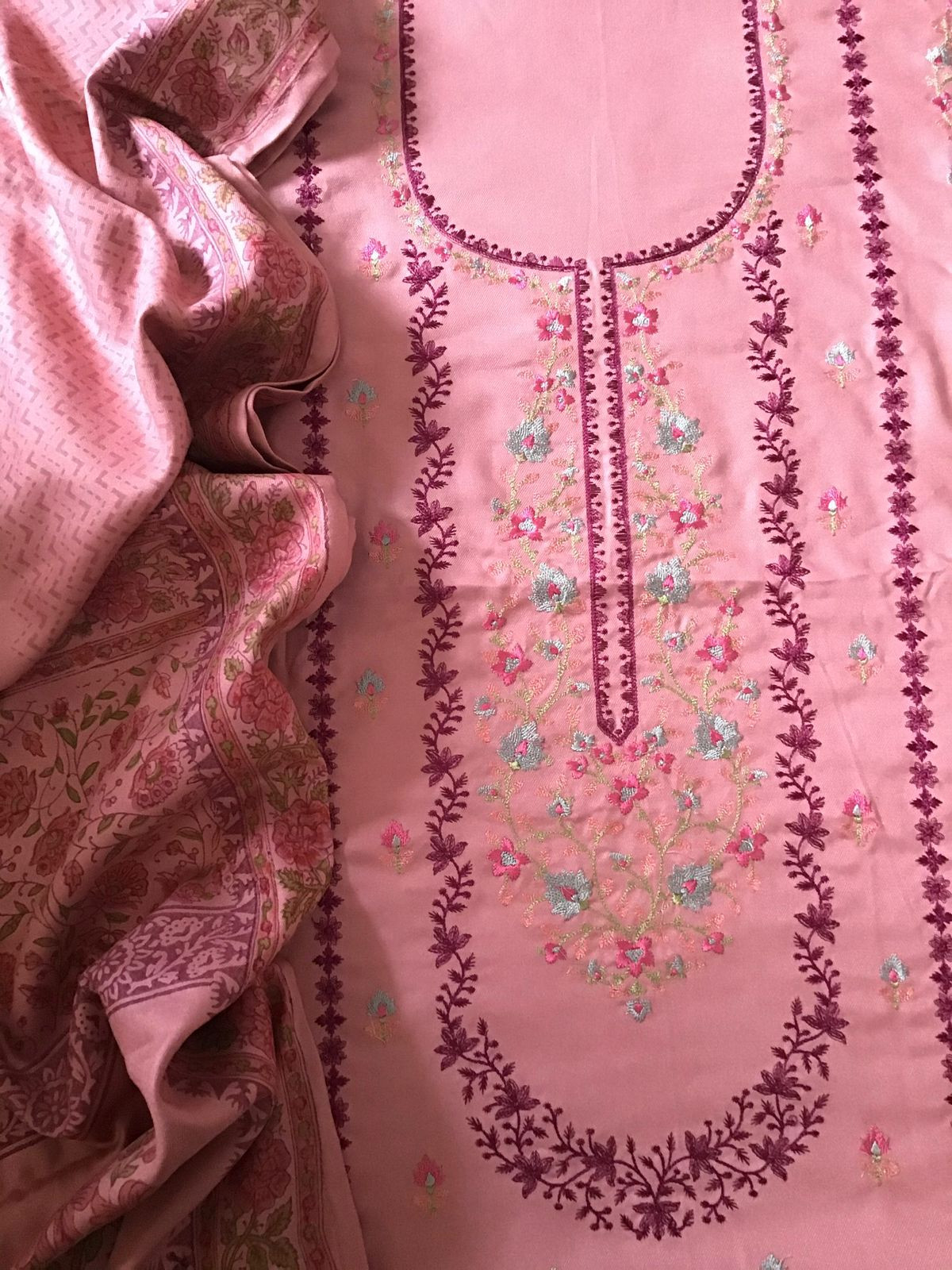 Soft Woollen Spun Silk Embroidered Suit - Pink