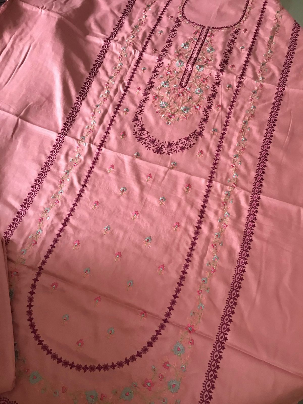 Soft Woollen Spun Silk Embroidered Suit - Pink