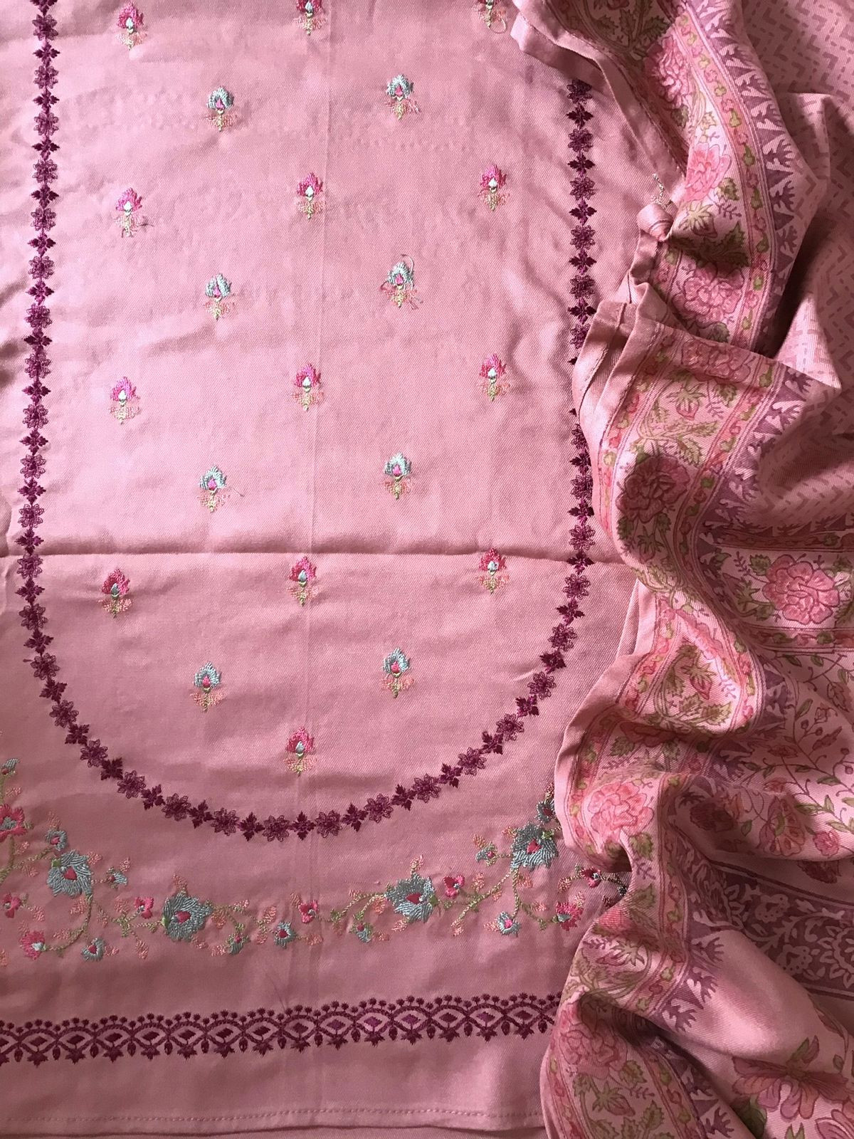 Soft Woollen Spun Silk Embroidered Suit - Pink