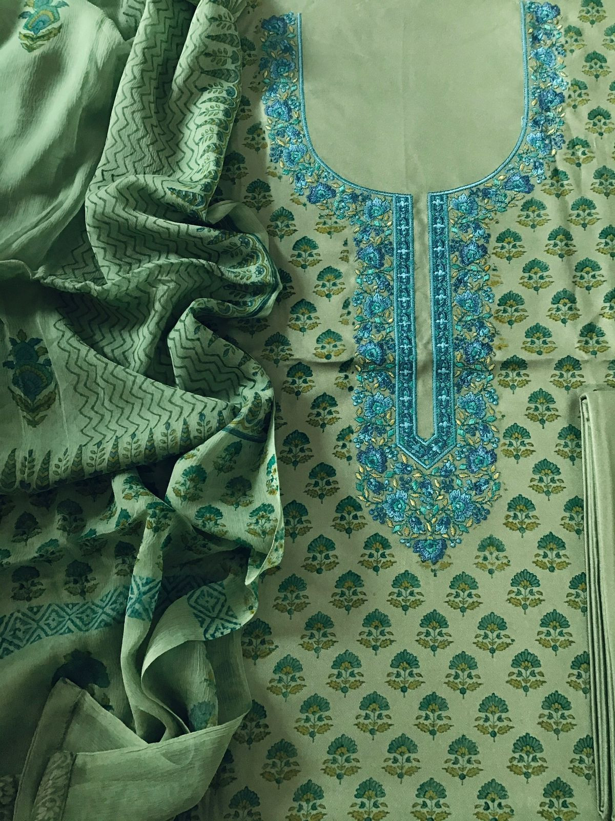 Soft Woollen Spun Silk Printed Embroidered Suit - Green