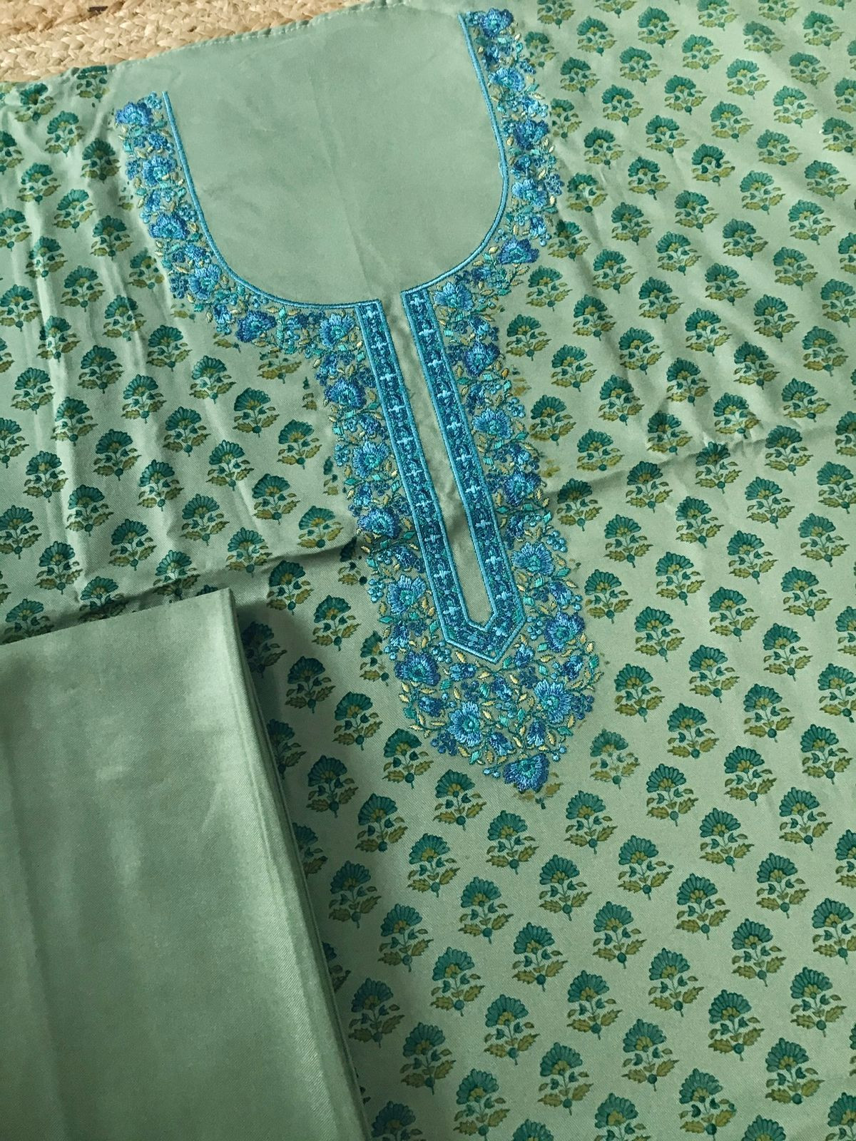 Soft Woollen Spun Silk Printed Embroidered Suit - Green