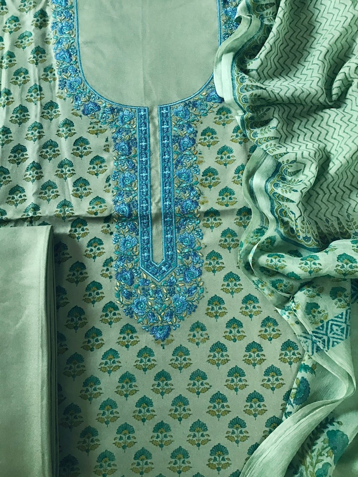 Soft Woollen Spun Silk Printed Embroidered Suit - Green