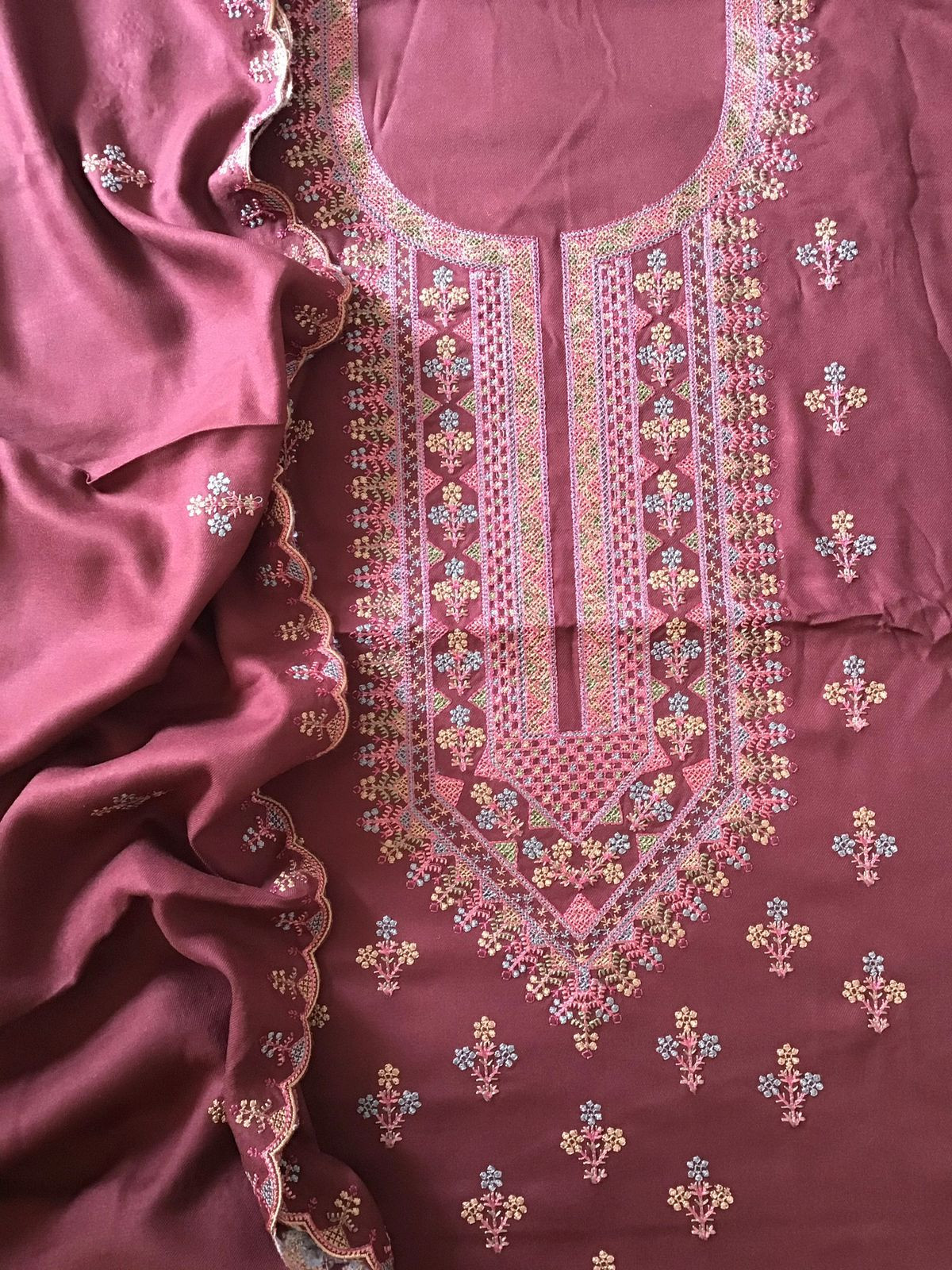 Soft Woollen Spun Silk Embroidered Suit - Maroon