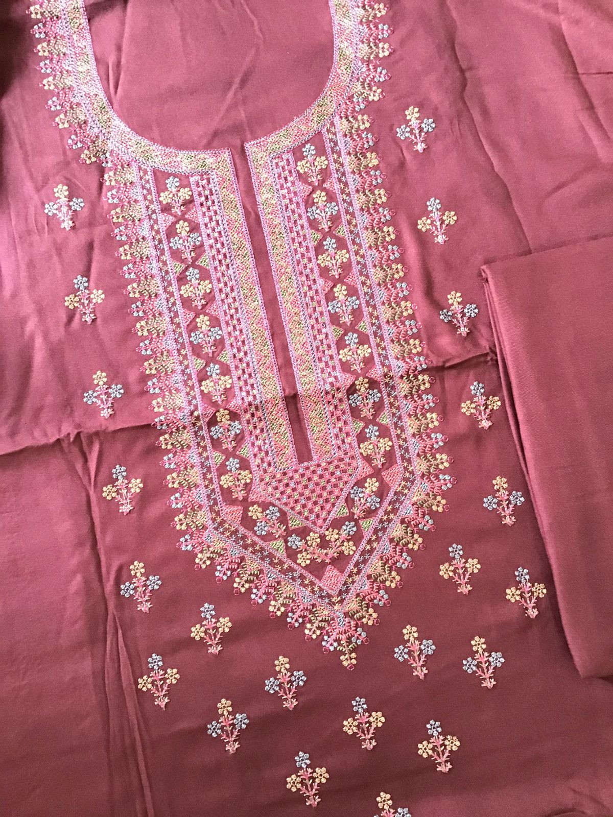 Soft Woollen Spun Silk Embroidered Suit - Maroon