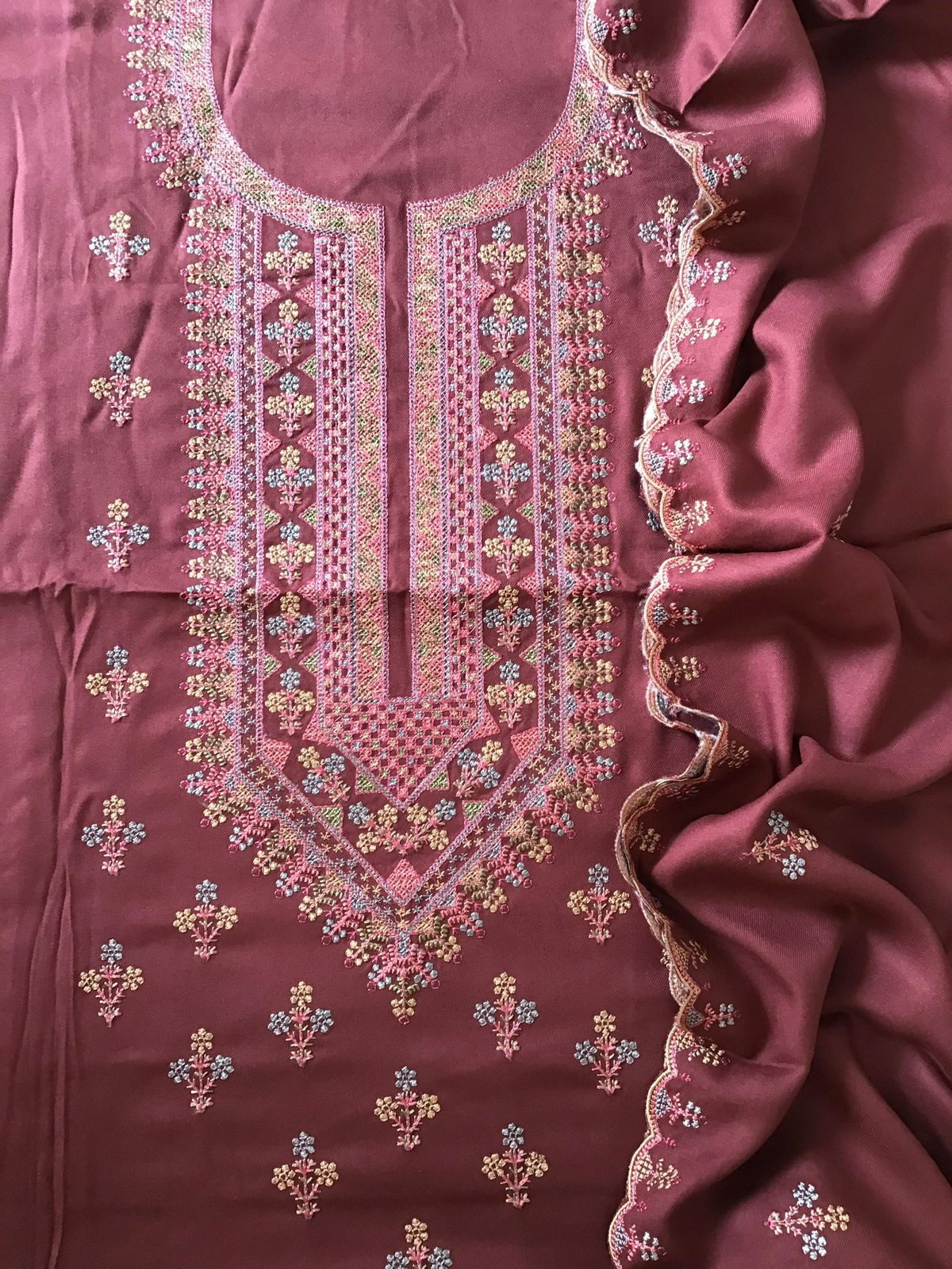 Soft Woollen Spun Silk Embroidered Suit - Maroon