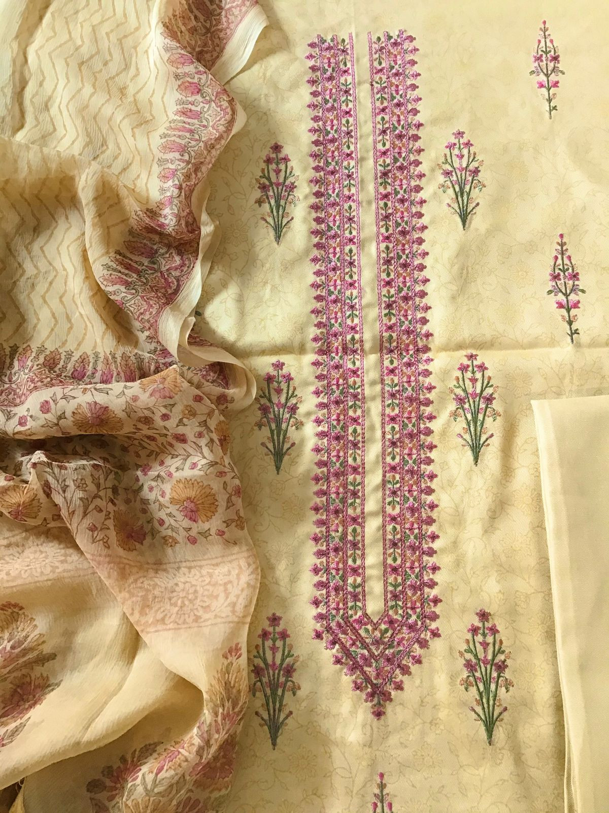 Soft Woollen Spun Silk Printed Embroidered Suit - Yellow