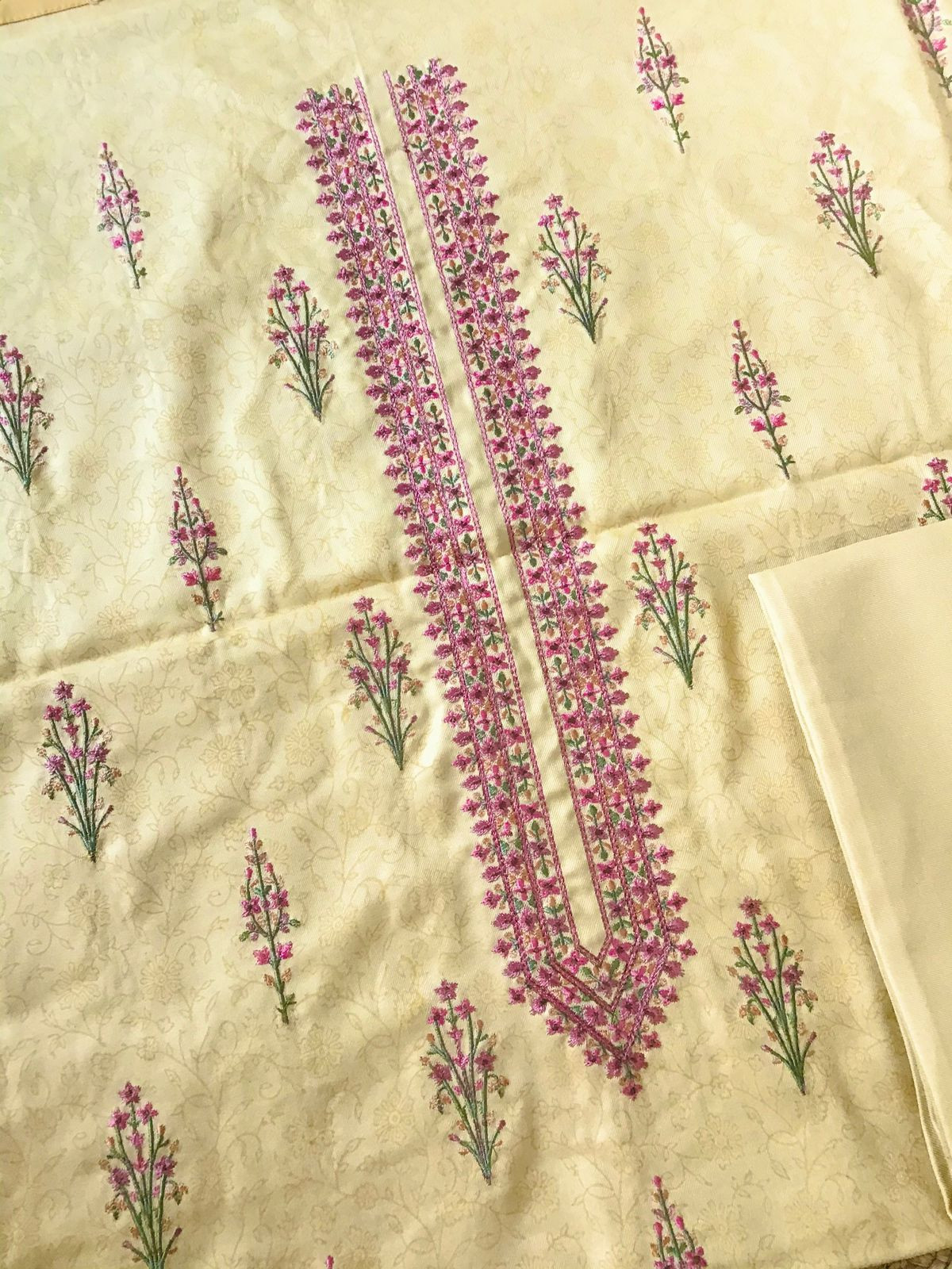 Soft Woollen Spun Silk Printed Embroidered Suit - Yellow