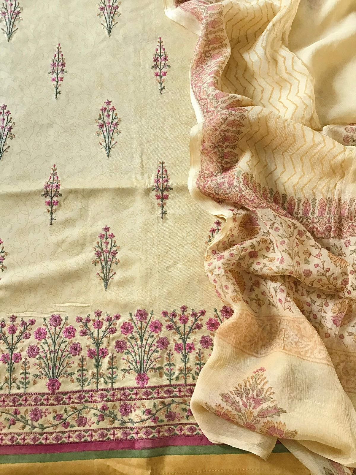 Soft Woollen Spun Silk Printed Embroidered Suit - Yellow