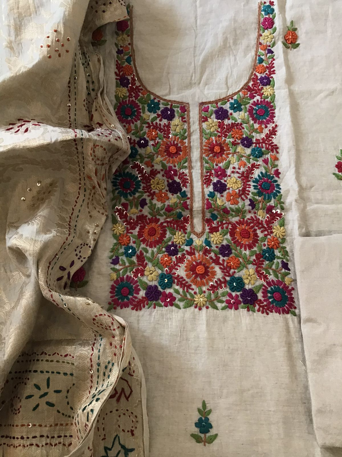 Soft Slub Chanderi Embroidered Suit - Beige