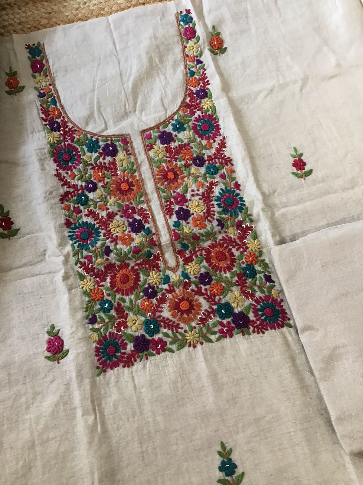 Soft Slub Chanderi Embroidered Suit - Beige