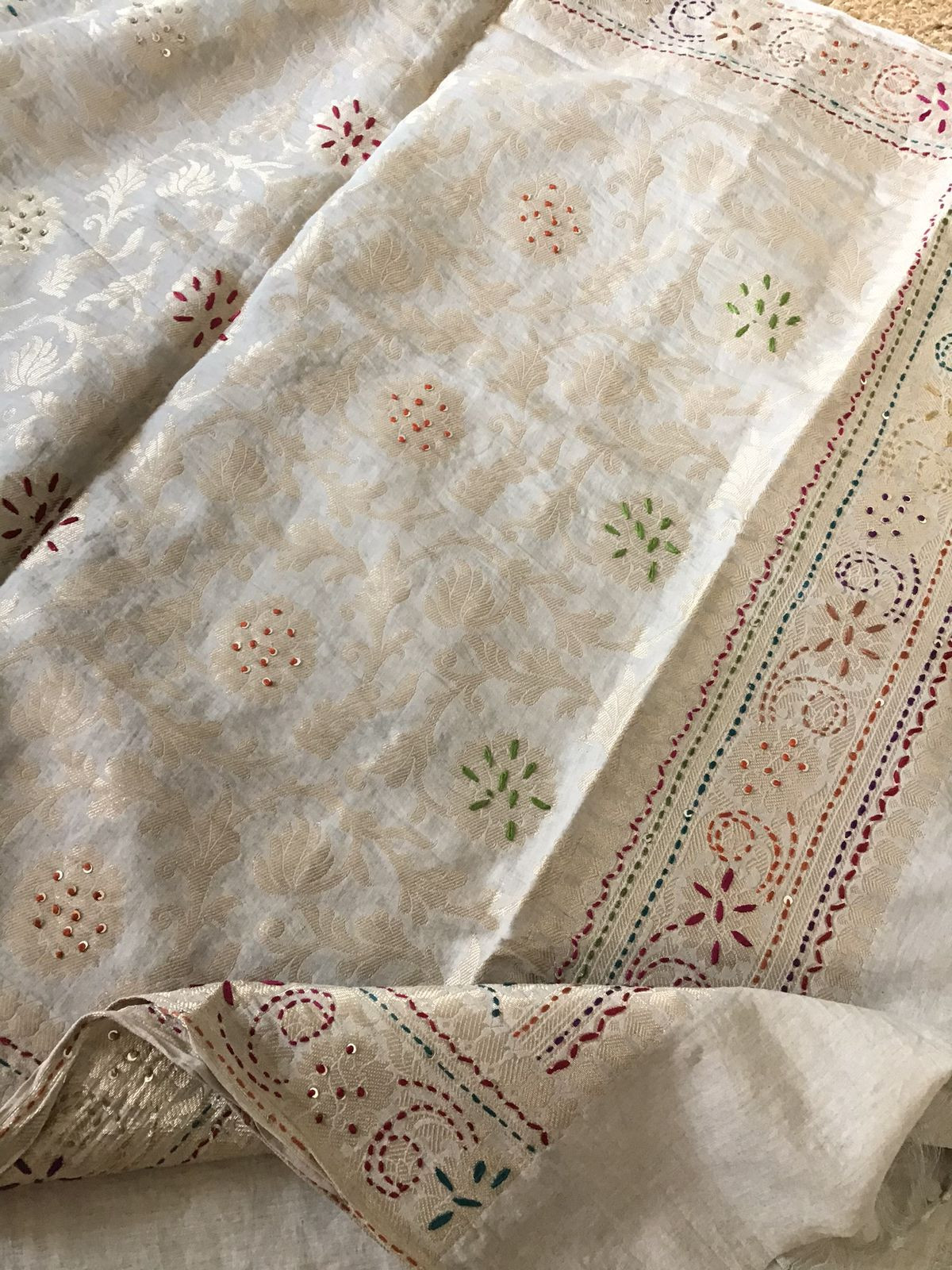 Soft Slub Chanderi Embroidered Suit - Beige